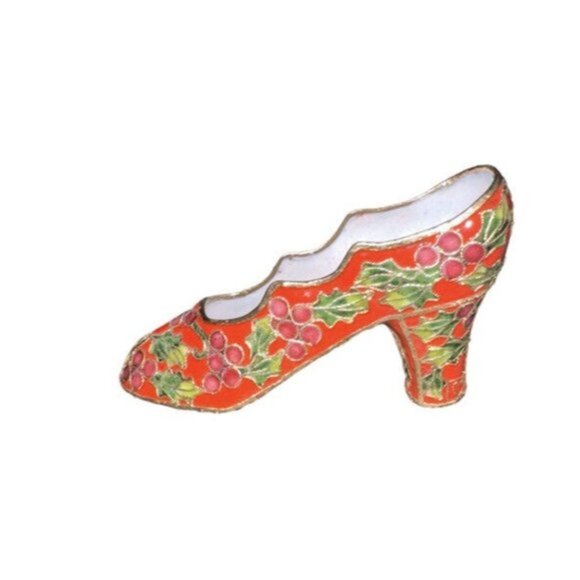 Vintage Cloisonné Shoe Figurine Collectibles Enamel Ornament Embellished Holly - Picture 1 of 2